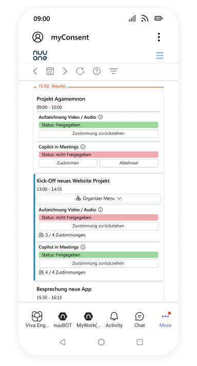 Bild zeigt die Hauptansicht von der mobile Version von myConsent - eine App mit der man datenschutzkonform Teams Meetings aufzeichnen kann. Compliant Teams Meeting Recording with myConsent. - Version für die mobile Ansicht der Seite.